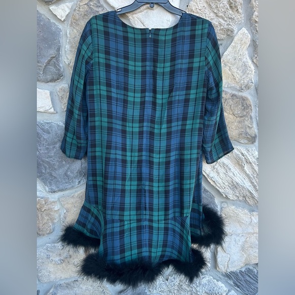 Madewell Plaid Silk Dress Sz 6 Christmas Holiday Party Blue Green Feather Hem - Picture 2 of 7